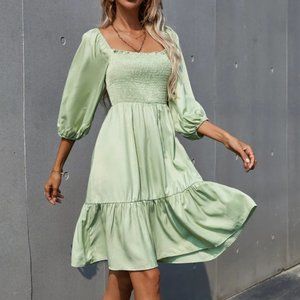 SHEIN Shirred Lantern Sleeve Ruffle Hem Dress